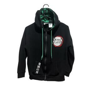Demon Slayer Black Full Zip Draw String Hoodie Size XS Graphic Print Both Sides